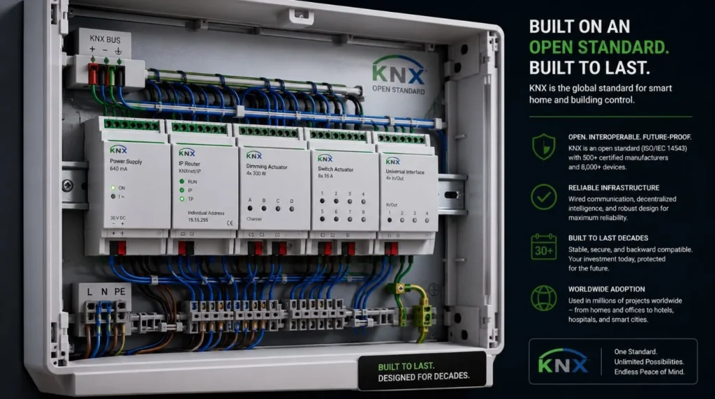 Certified KNX Smart Home Installers programming a scalable control module for long term system durability.