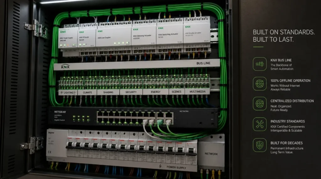 A professional distribution panel layout highlighting hardwired local alternatives to standard wireless Smart Home switches