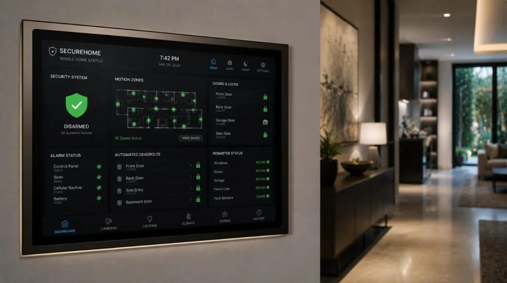 A wall mounted luxury automation touch panel running security diagnostics for a Smart Home Security Solution.
