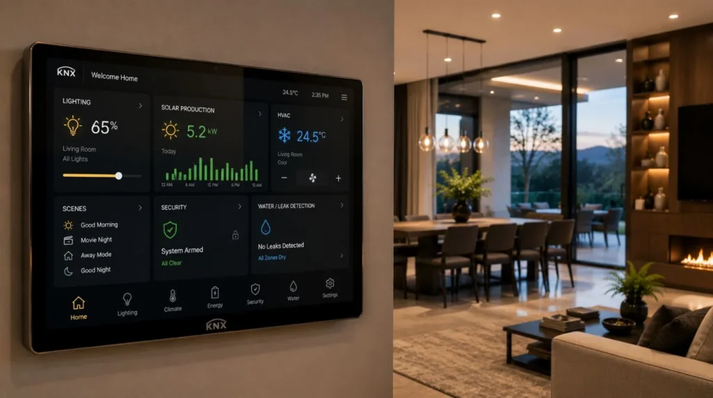 A high end KNX central wall touch panel coordinating multiple energy efficient Smart Home Features on one screen.