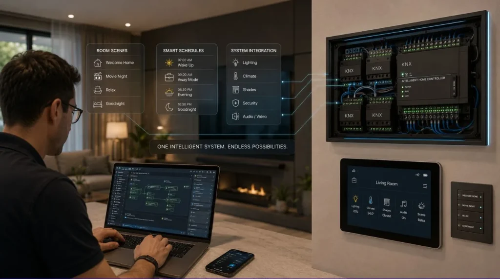 An integration expert configuring custom scenes and automation logic on-site for a complex Professional Smart Home Setup