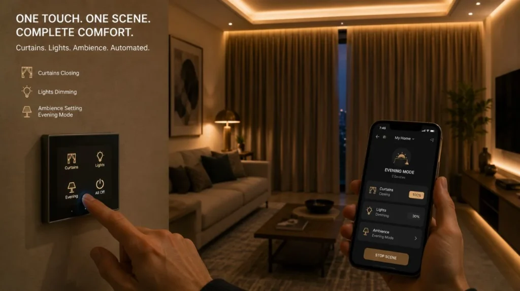 A sleek smart keypad and smartphone app controlling automated drapes as part of Motorized Curtains Cost in India.