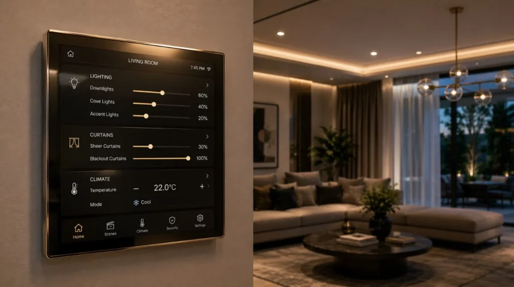 A luxury KNX wall interface integrating Smart Switches for Dimming with motorized shading and climate systems.
