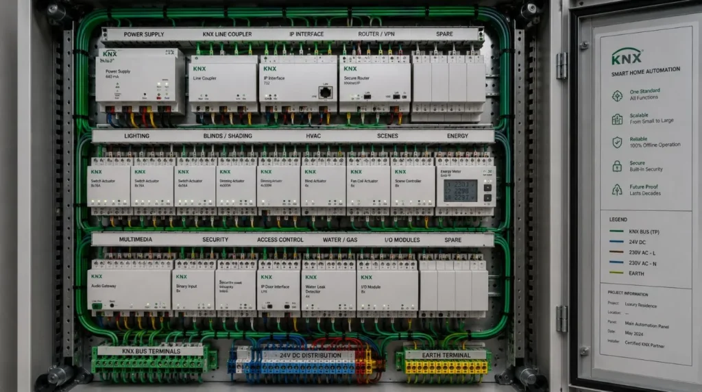 A neatly organized DIN rail automation panel showing KNX system modules for a Full Smart Home Installation.