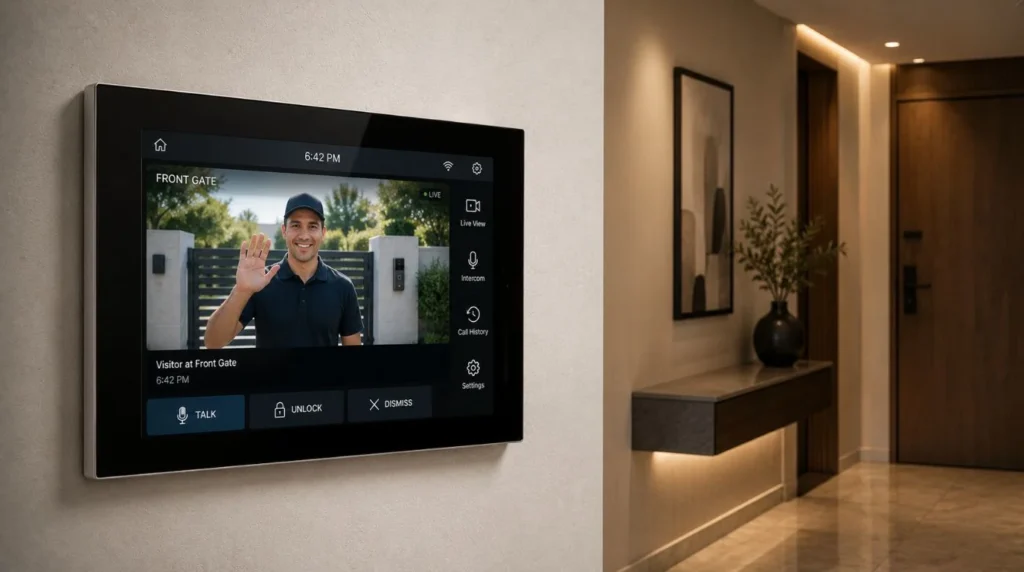 An interior automation touch panel showing a live visitor video feed after a seamless Smart Doorbell Installation