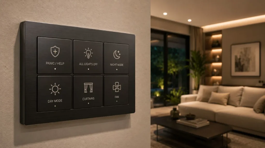 An intuitive KNX push-button switch with clear engraved icons designed for Smart Homes for Older Adults.
