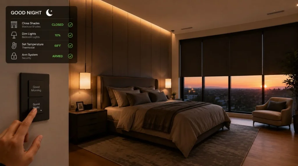 Automated shades closing together to show how a lifestyle-focused smart home increase home value retention.