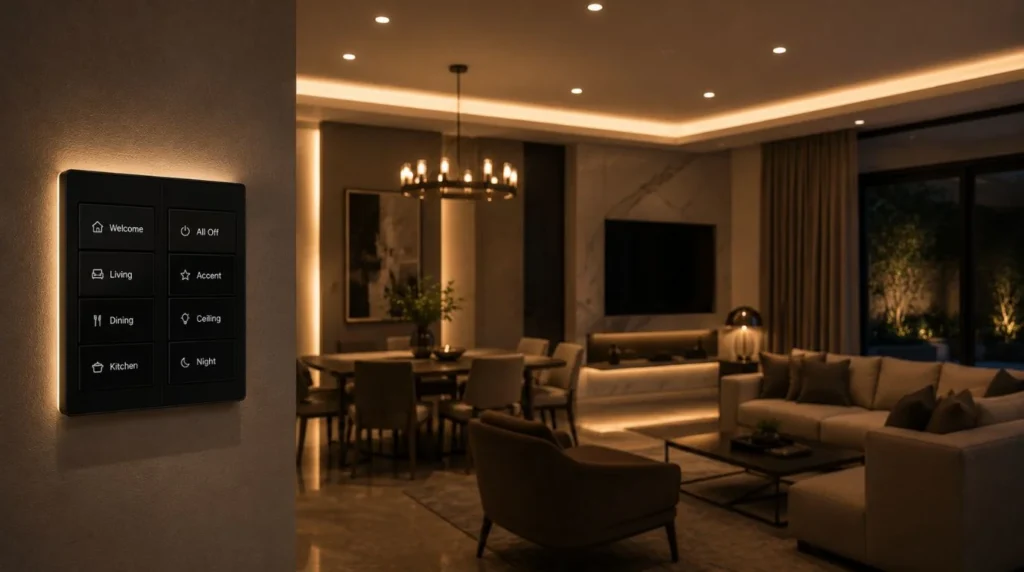 An elegant wall switch controlling whole room lighting circuits as part of your foundational Smart Home Essentials