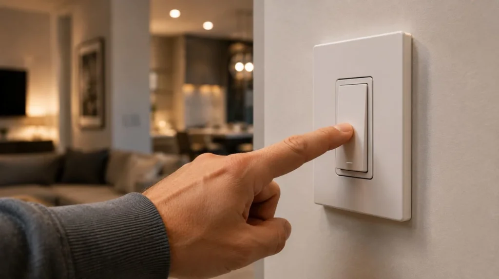 A user pressing a button manually to control WiFi Smart Switches when an internet connection is unavailable