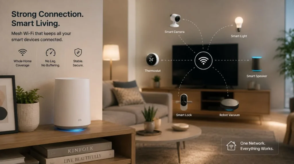 A reliable mesh wireless network setup providing stable connectivity throughout an Affordable Smart Home