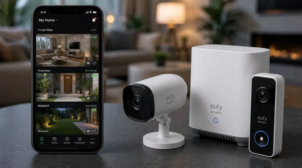 A smartphone displaying a live video feed next to an indoor camera module for a Smart Home Security Solution.