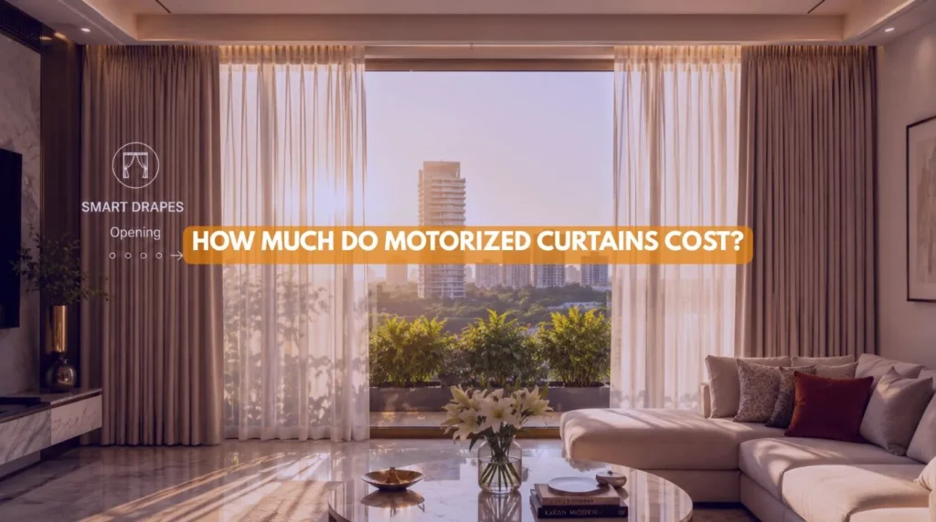 An elegant living room in a luxury villa highlighting the Motorized Curtains Cost in India for modern smart home automation