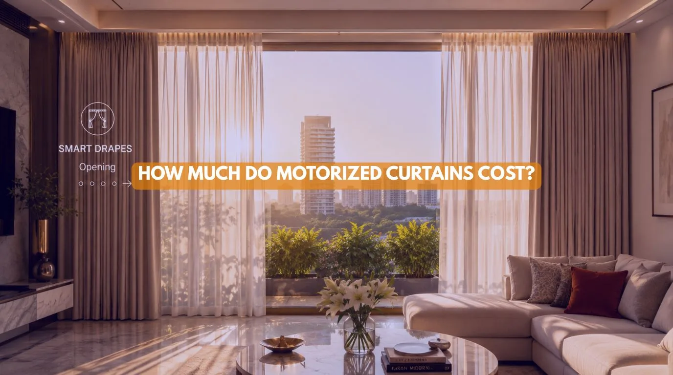 An elegant living room in a luxury villa highlighting the Motorized Curtains Cost in India for modern smart home automation