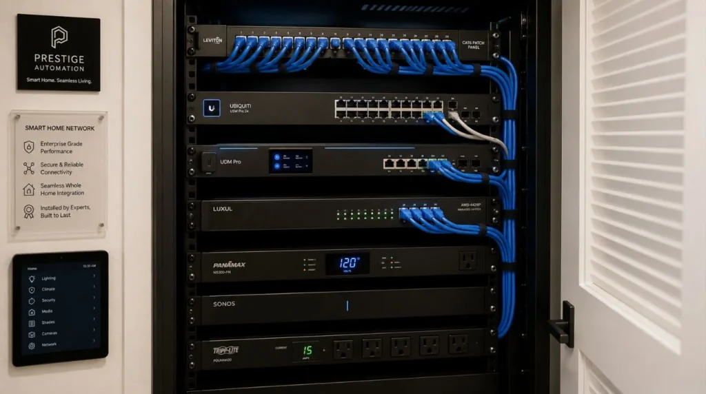 Clean structured networking and patch panel wiring completed by an authorized Smart Home Installation Company