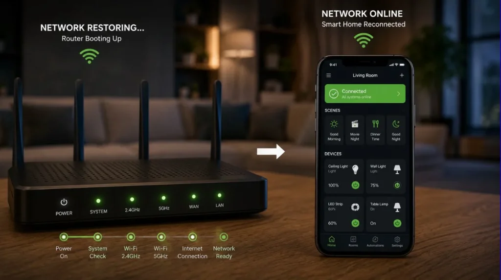 A home wireless router restarting and reconnecting to localized Wi-Fi enabled Smart Light Switches
