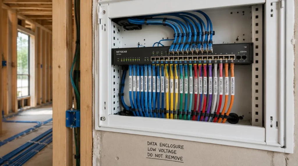 Structured data cabling and a professional network switch installed while building a robust Smart Home From Scratch
