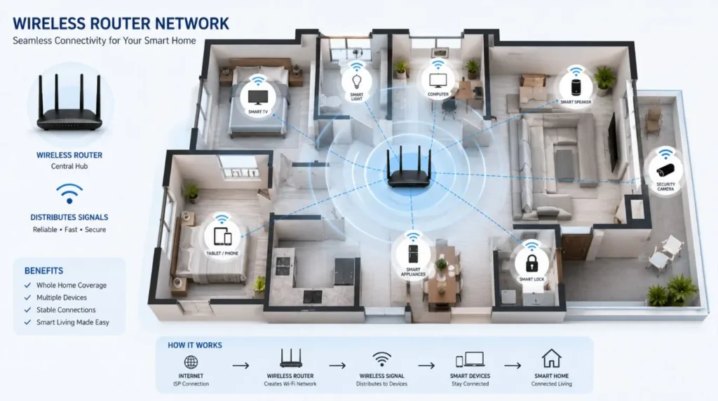 A blueprint illustration mapping out network connectivity paths for various appliances and Smart Home switches.