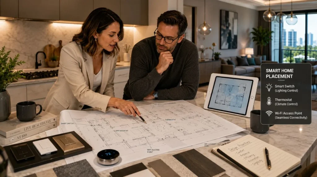 An interior designer and homeowner discussing floor plans for seamless Smart Home Installation in Apartments.