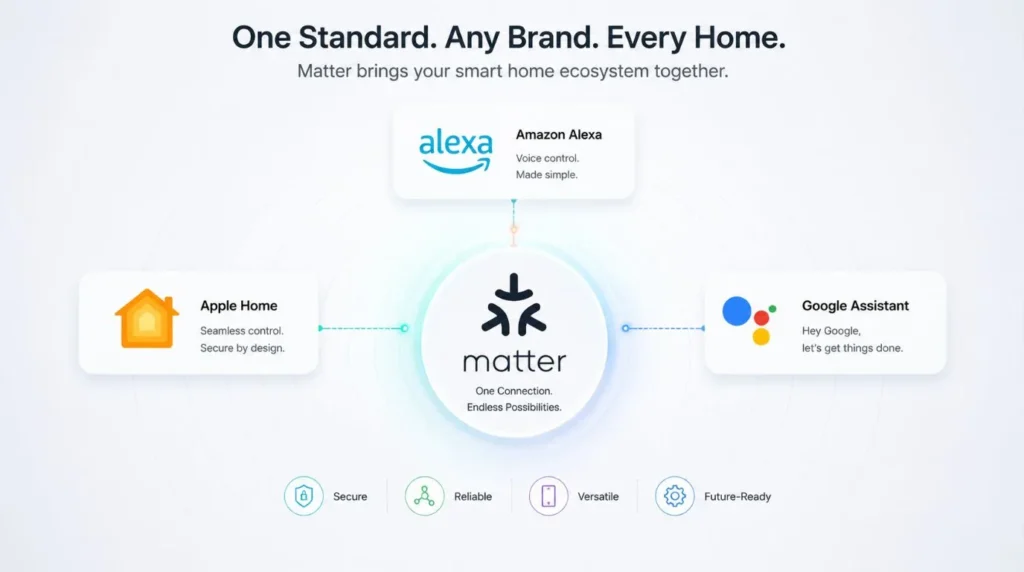 Comparing major consumer wireless platform logos bridging together under a modern Smart Home Ecosystem protocol