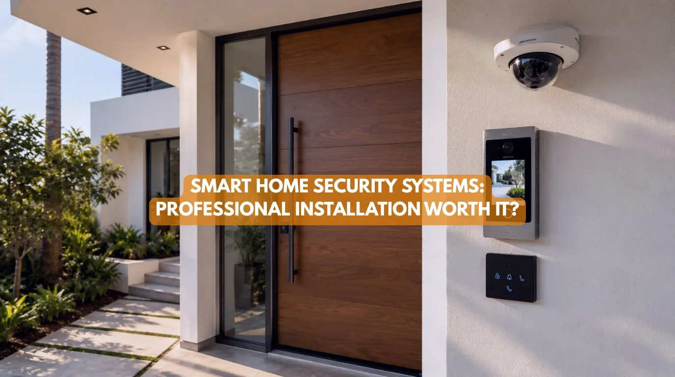 An expertly integrated architectural outdoor entrance featuring a modern Smart Home Security System camera and intercom