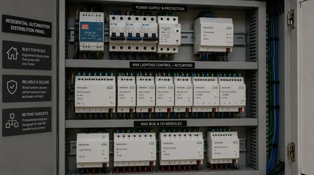 A centralized panel assembly of hardwired modules managing multi room architectural Smart Light Switches