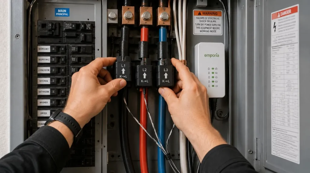 A certified professional installing current clamp sensors inside a breaker box for a home energy monitoring system