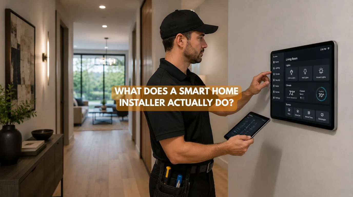 A professional smart home installer configuring an integrated touch panel on a contemporary residential wall