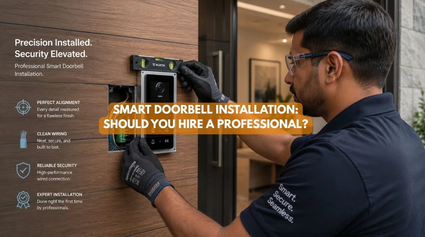 A professional technician mounting a premium video door phone onto an entryway wall during a Smart Doorbell Installation