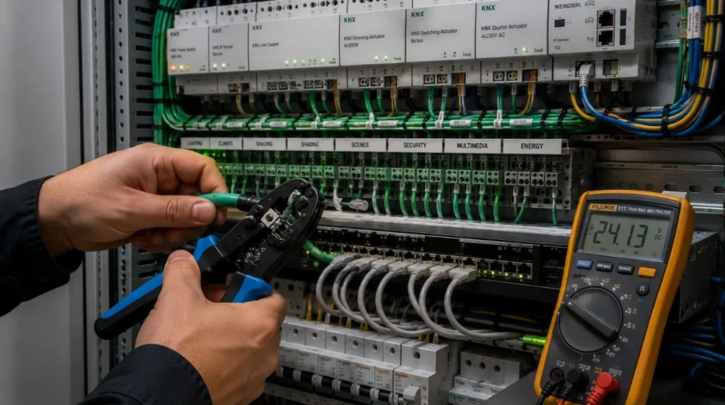 An electrician preparing wiring connections in a distribution panel for a Full Smart Home Installation.