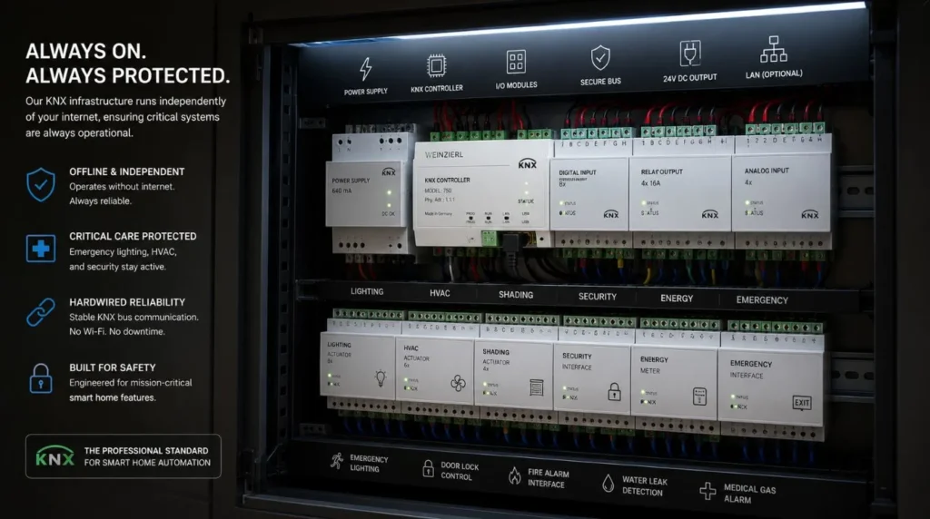 A professional wired KNX automation panel supplying reliable offline support for a Smart home for older adults