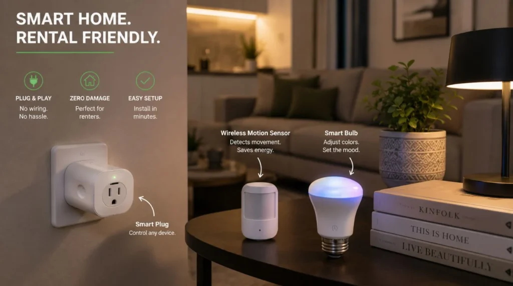Plug-and-play wireless smart plugs and smart bulbs ideal for non-invasive Smart Home Installation in Apartments.