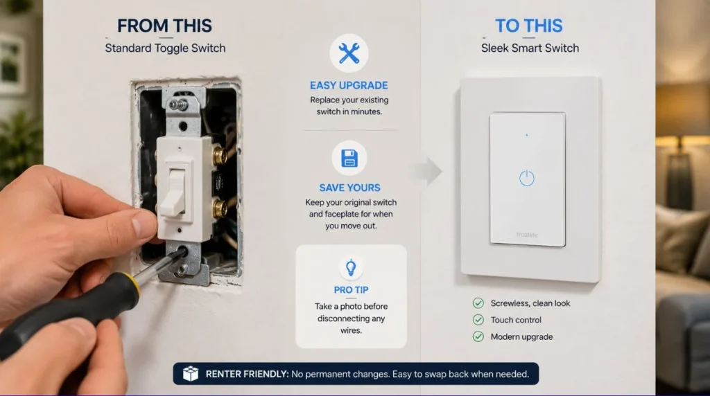 A side by side comparison showing how to replace standard wall plates with Smart Switches for Renters.