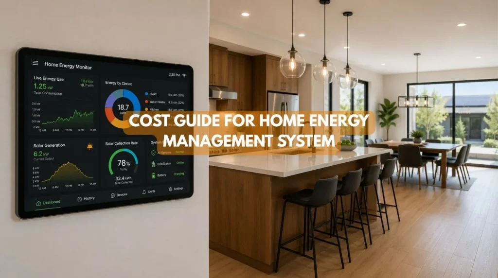 An integrated wall touchscreen interface tracking live electricity consumption metrics through a home energy monitoring system