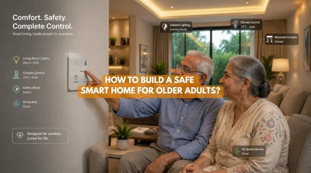 An elder couple enjoying automated comfort features in an accessible Smart home for older adults