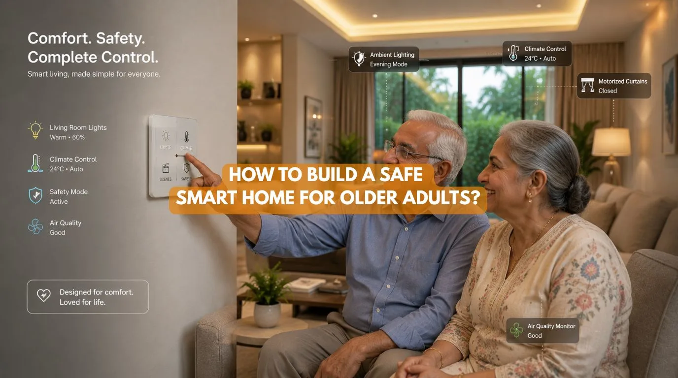 An elder couple enjoying automated comfort features in an accessible Smart home for older adults