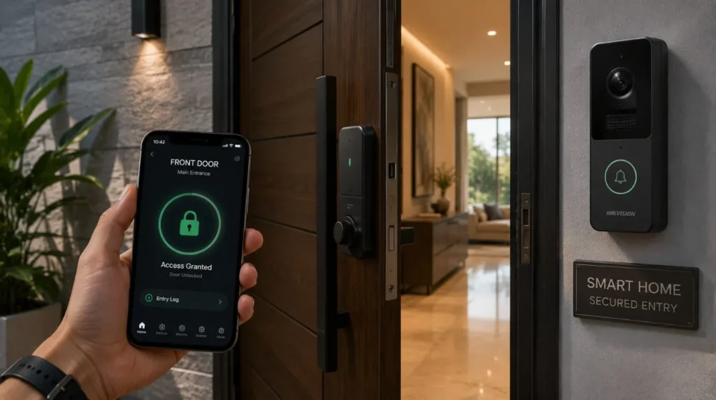 An automated residential entryway showing security access controls as part of key Smart Home Benefits