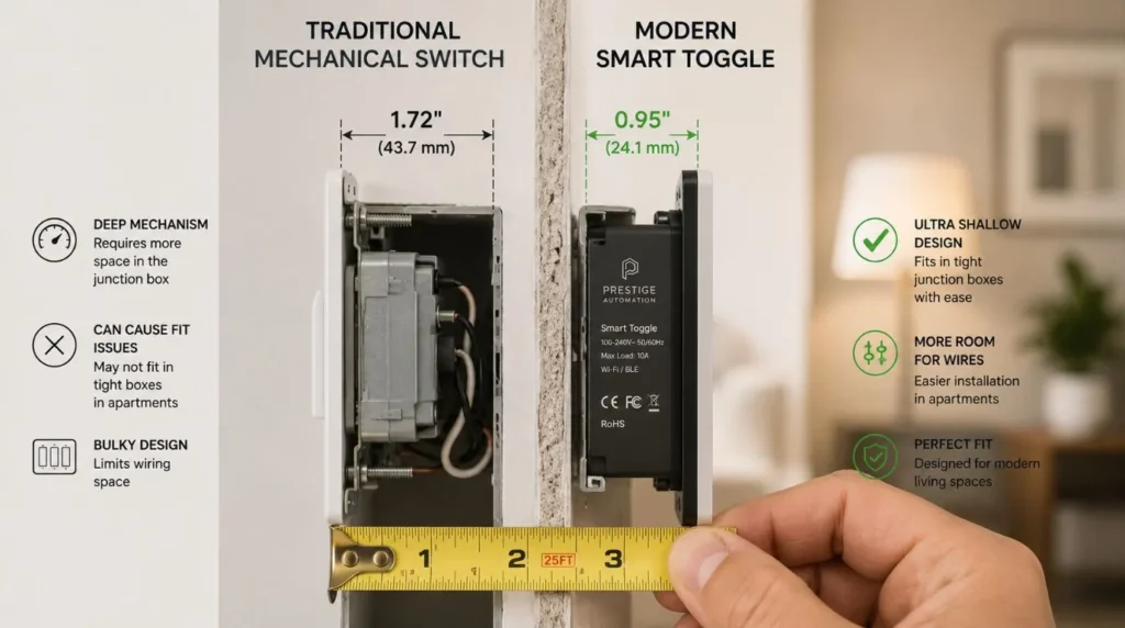 Checking the shallow housing depth of compact Smart switches to verify fitment inside small wall boxes