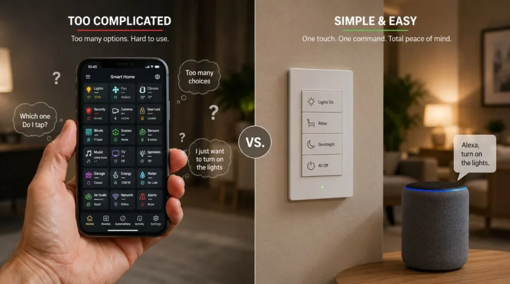 Comparison showing clean voice and single button controls used in Smart Homes for Older Adults versus complex apps.