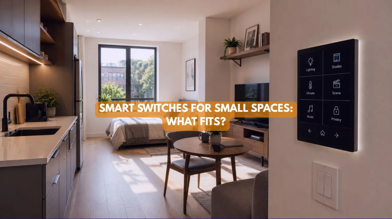 A modern wall keypad interface showing elegant Smart switches tailored for compact studio apartments