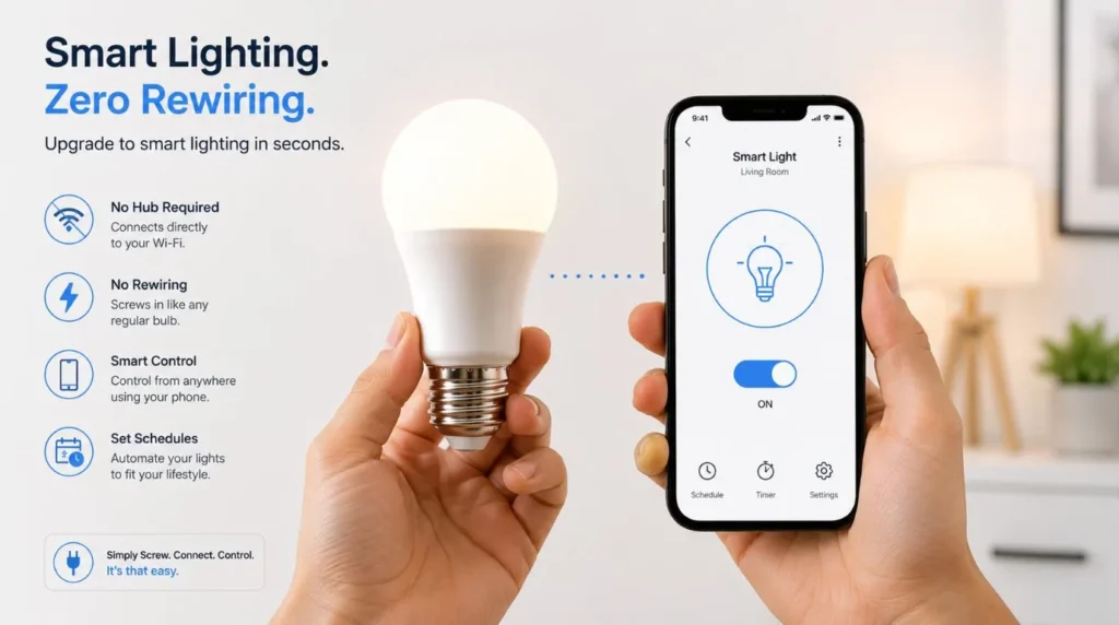 An illustration of app controlled lighting showing a simple smart bulb setup with Smart Switches for Renters.