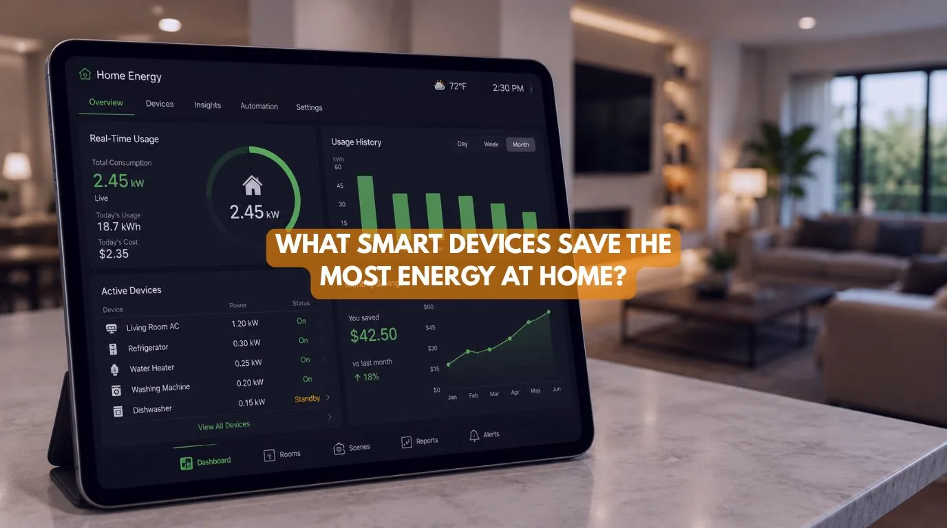 Smart Home Energy Monitoring tablet dashboard displaying real-time household electricity usage analytics and energy saving metrics
