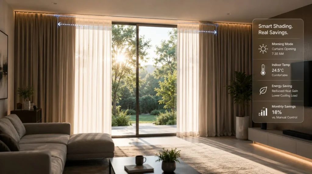 Automated motorized shades regulating natural light as a component of Smart Home Energy Monitoring.