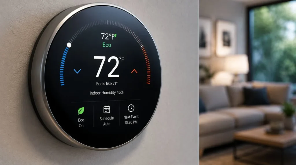 A sleek wall mounted thermostat optimizing heating and cooling as part of Smart Home Energy Monitoring.
