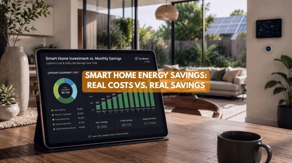A tablet displaying a interactive financial breakdown of Smart Home Energy Savings including upfront costs versus utility bill reductions