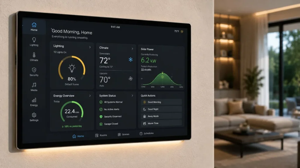 Architectural wall interface running a KNX system designed for comprehensive Smart Home Energy Savings across all living spaces.