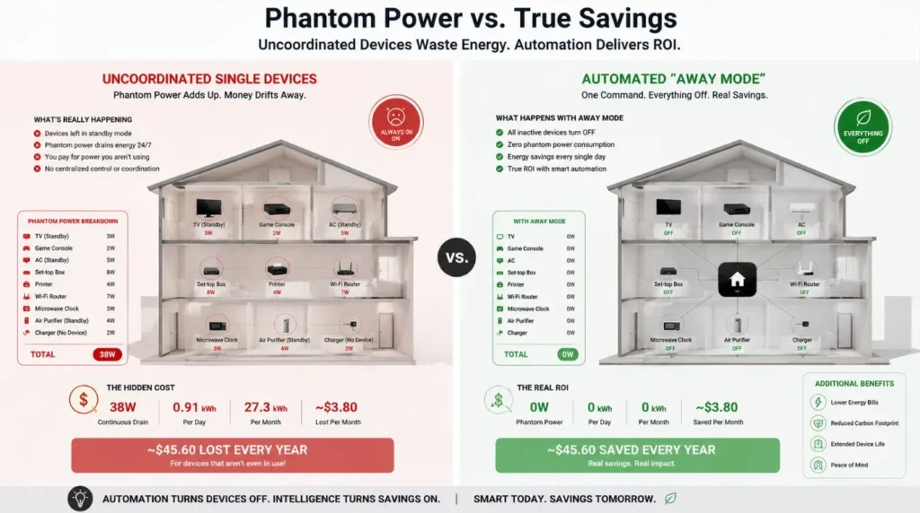 An explanatory graphic detailing how automated routines outperform standalone gadgets for genuine Smart Home Energy Savings.