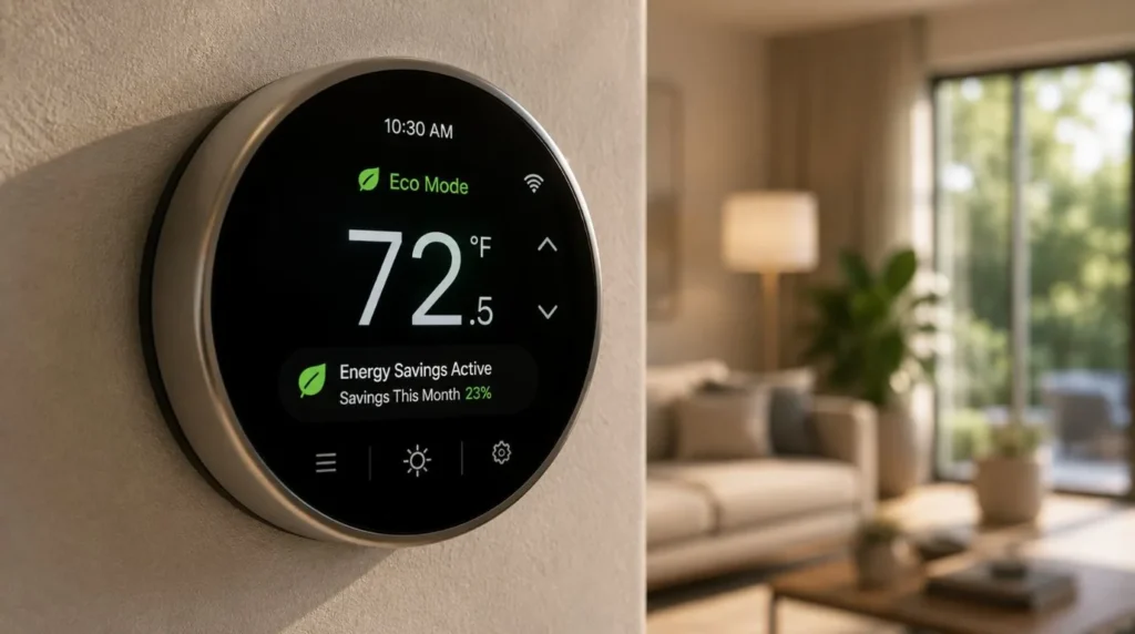 Smart Home Energy Savings achieved by using a connected thermostat to automatically balance heating and cooling.