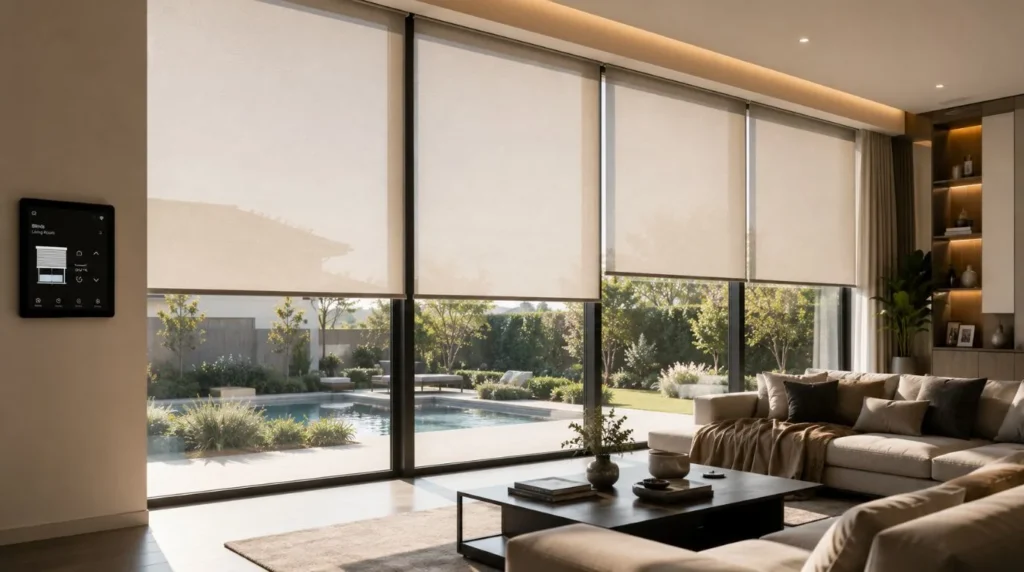 Automated motorized shades blocking excess daylight as energy saving Smart Home Features.