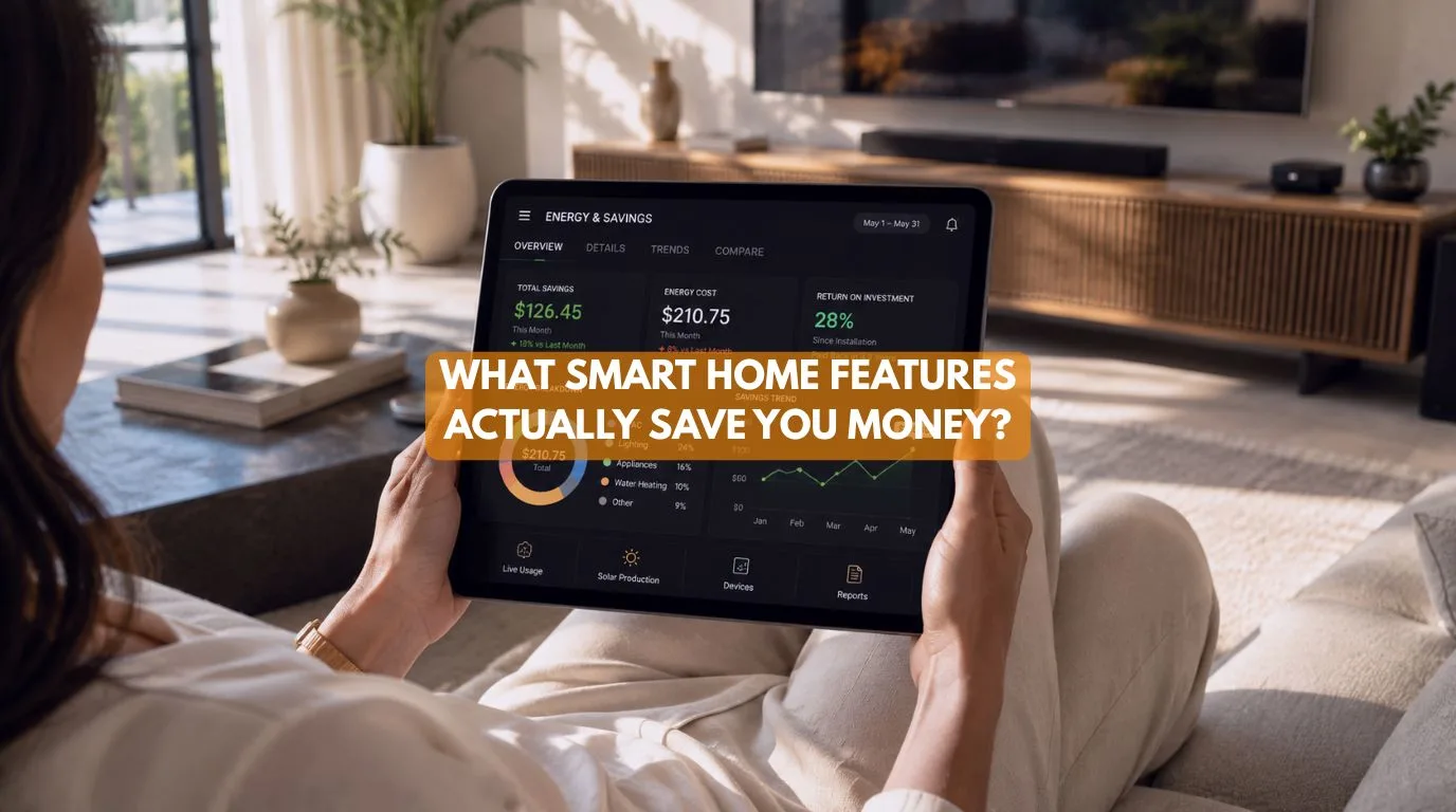 A tablet interface displaying cost savings metrics and energy analytics for key Smart Home Features.