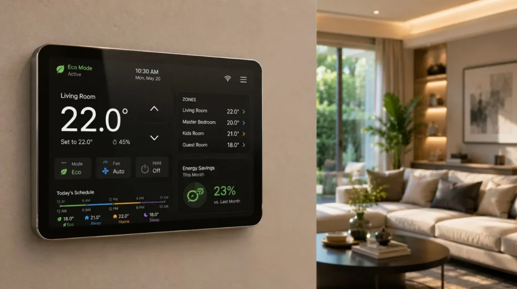 A modern wall thermostat displaying eco mode settings as part of cost effective Smart Home Features.